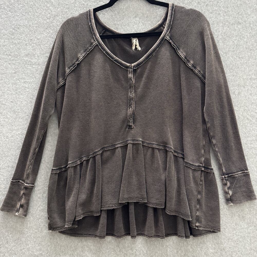 Free People Coastline Thermal Top Sz XS Brown Waffle Knit Layered Boho Beach